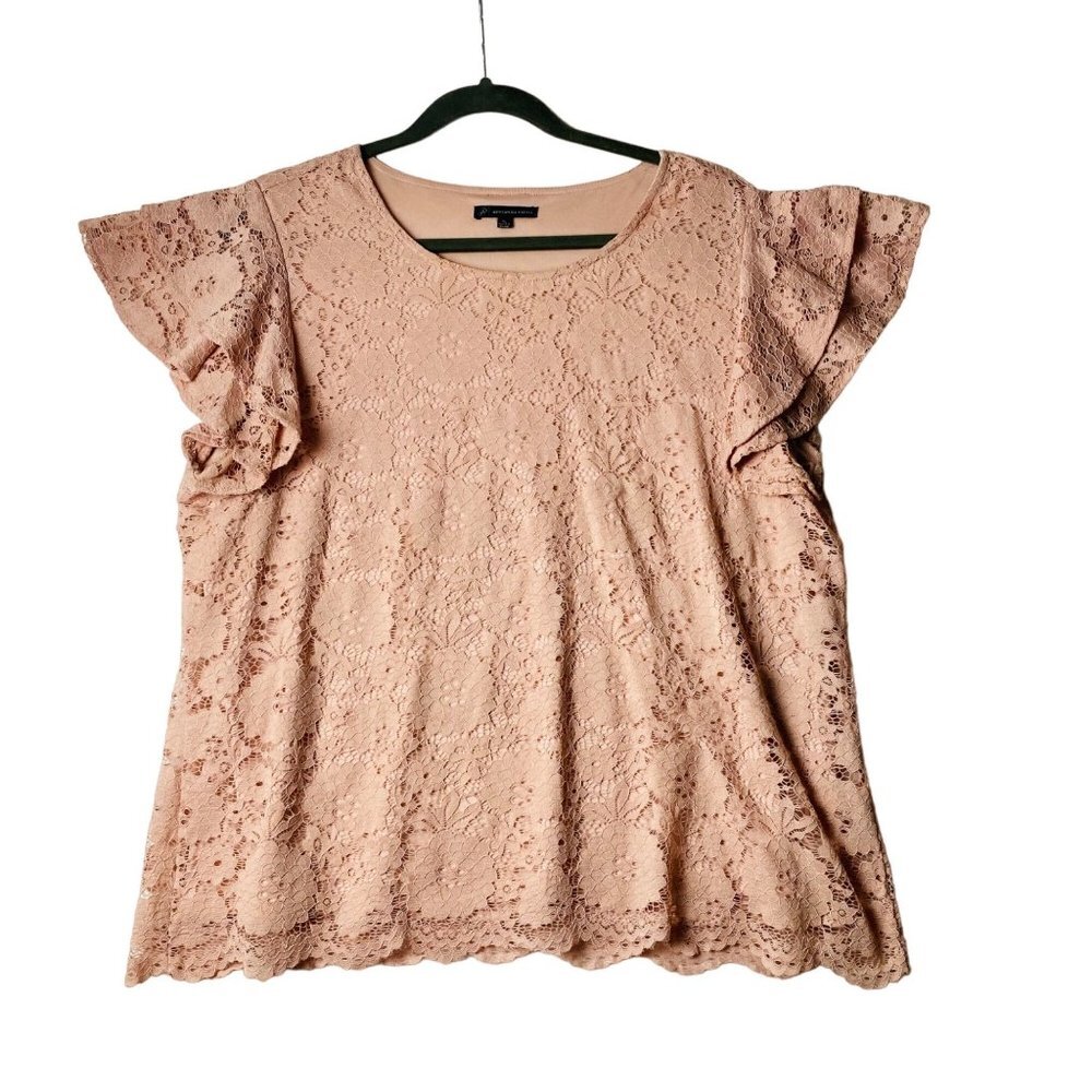 ADRIANNA PAPELL Blouse Women Size XL Lace Pale Pink Flutter Sleeve Stretch Lined